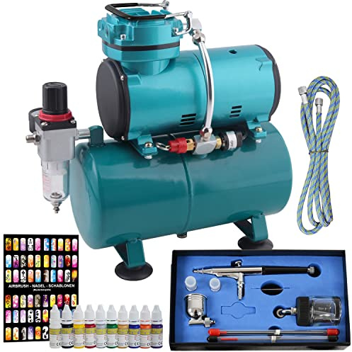 AMUR Set di 10 compressori professionali per aerografo, universali, con 3 ugelli, aghi, bicchieri, vetro e tubo per aria compressa