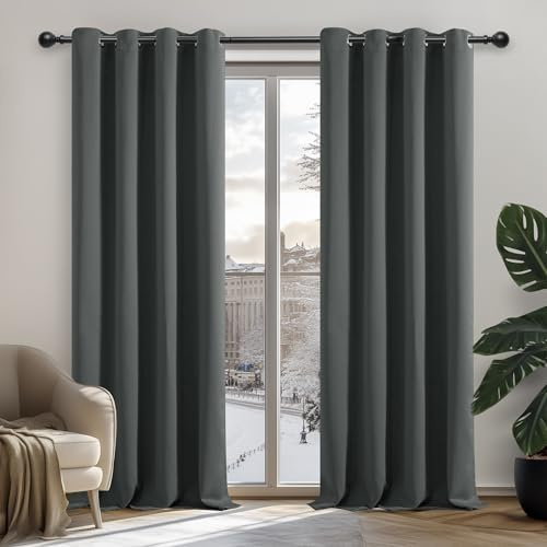 Deconovo Rideaux Occultants Isolant Thermique Anti Froid, Rideaux pour Salon et Chambre, Design Moderne à Oeillets, 132x160 CM (Largeur x Hauteur), Gris Foncé, 2 Pièces