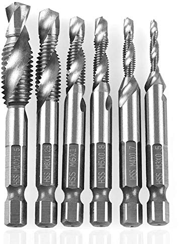 Kombi-Gewindebohrer, HSS 4341, Gewindebohrer-Satz, 1/4 Zoll mit Sechskantschaft, zum Entgraten, Senkbohrer, metrisch M3 M4 M5 M6 M8 M10 (Silber)