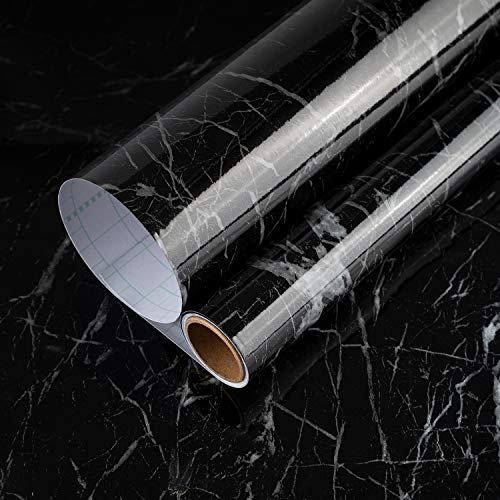 TOTIO 15.75 x 354.33inch Marble Wallpaper Self Adhesive Black Kitchen Countertop Granite Paper Bathroom Tile Stickers Waterproof Sticky Back Plastic Vinyl Furniture Stickers Home Decoration Film