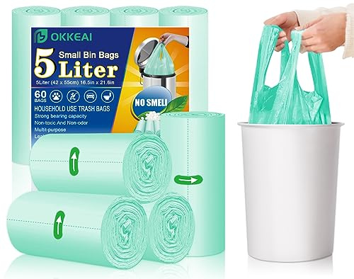 OKKEAI 5L Food Waste Bags Kitchen Caddy Liners 6-8L Bin Bags Small Trash Bags 60 Counts Pedal Garbage Bags for Bathroom,Office,Toilet Fit 3,4,5,6l Rubbish bin