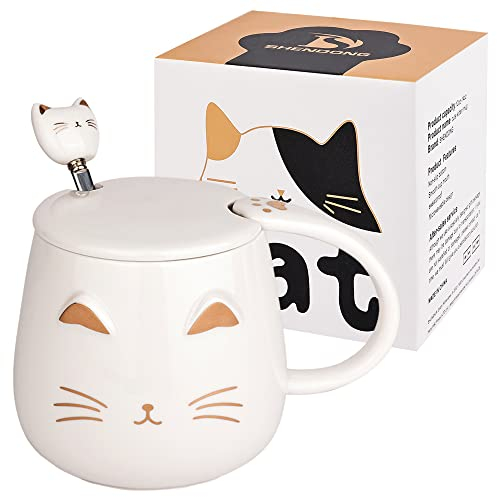 SHENDONG White Cat Mug Cute Ceramic Coffee Cup with Kawaii Lid and Lovely Stainless Steel Spoon Novelty Morning Cup Coffee Milk Tea Mugs - 3D Animal Mugs for Cat Lovers Women Gifts(White)