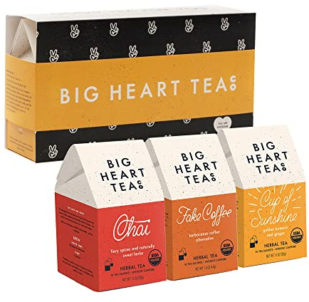 Big Heart Tea Co. Spicy Tea Bags Gift Set - Certified Organic, Ayurvedic Herbal Tea - Small Batch Ground Herbs, Spices in Zero Plastic Sachets - Healthy Tea Variety Box - 3 Flavors, 30 Pack