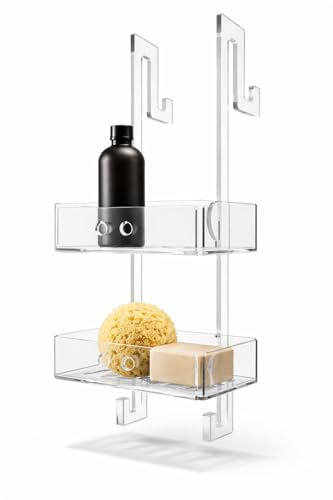 REGPLEX Porta Shampoo Doccia da Appendere, Plexiglass Trasparente, Organizer Bagno con 2 o 3 Mensole, Montaggio Senza Viti, Porta Sapone e Accessori Doccia 2 mensole adatto a vetri 6-15 mm