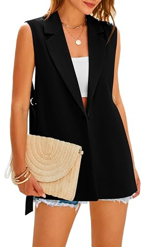 MASCOMODA Veste sans manches pour femme de style 2025, Blazer décontracté pour le printemps, ouverture sur le devant, revers, col V, gilet de tailleur de bureau, vestes longues, noir, Medium