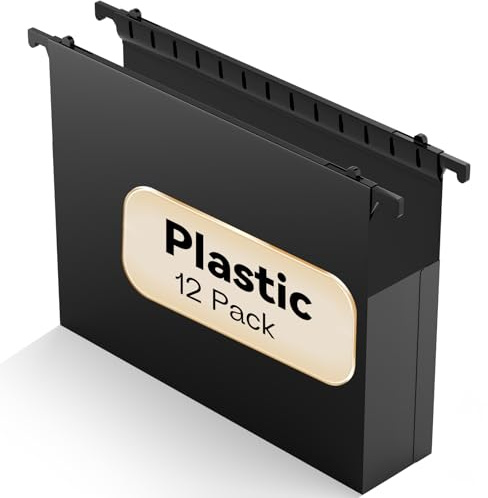 Nordun Plastic Extra Capacity Hanging File Folder Letter Size, 12 Pack Reinforced Hang Folders,Heavy Duty 2 Inch Expansion,Expandable Hanging Folders,Hanging Organizer Designed for Bulky Files (Black)