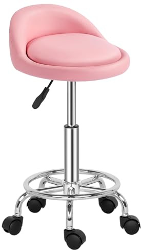 TactFire Sgabello da ufficio, sgabello rotondo con schienale, girevole a 360°, altezza regolabile 49-64 cm, sgabello da toeletta, per salone di massaggio, ufficio, clinica rosa