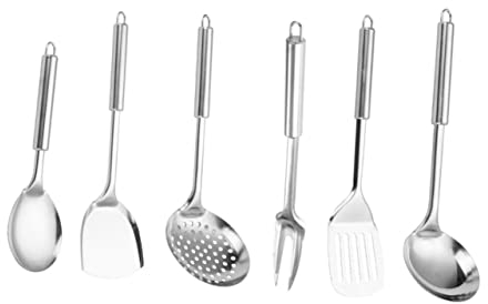 Juego de utensilios de cocina de acero inoxidable de 6 piezas que incluye juego de espátula de metal, espumadera de cocina, cucharón de sopa, elementos esenciales de cocina