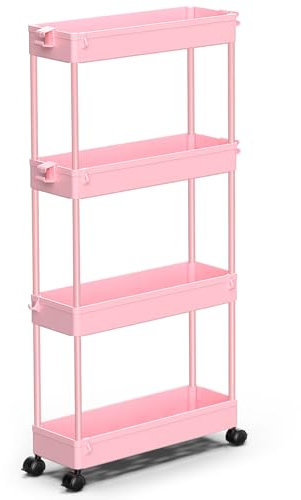 SPACEKEEPER Slim Rolling Storage Cart 4 Tier Bathroom Organizer Utility Cart Mobile Shelving Unit Tower Rack for Kitchen, Laundry Room, Bathroom, Narrow Places, Pink