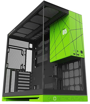 Geometric Future Torre Media de Vidrio Templado M5, Caja para Juegos E-ATX/ATX, Acero de 1.2 mm, Tipo C, Paneles sin Herramientas, Soporte de radiador 420/360, cámara Doble, Negro/Verde, GEO-M5-BNY