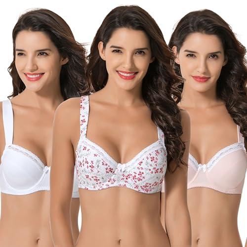 Curve Muse - Soutien-Gorge à Armatures Grande Taille pour Femmes, Non doublé, Soutien-Gorge Balconnet en Coton avec-Paquet de 3-Pink,White,White Print-105B