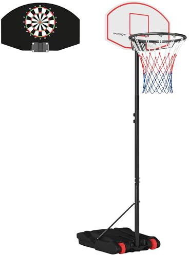 SPORTNOW Canasta de Baloncesto para Exterior con Tablero de Dardos Altura Ajustable 210-247 cm Aro de Baloncesto Portátil con Ruedas Base Rellenable para Adolescentes Adulto Interior y Exterior Negro