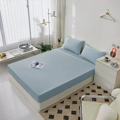 Fitted Sheet Spannbettlaken XXL Hellblau Volltonfarbe Mikrofaser 180X220cm (mit 2 Kissenbezüge) for All Season Upgrade