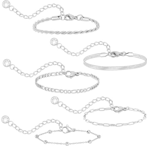 UNICRAFTALE 5 st 304 rostfritt stål stapelbara armband läckra lager handkedjor mode stapelbara tennis pärlor Figaro fiskbensmönster pappersklippslänk armband paket stapel gåvor för kvinnor