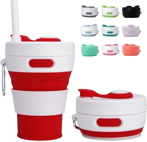 MOMAHUA 450ml/15oz Collapsible Coffee Cup with Lids,Red Silicone Portable Water Cups,Reusable Coffee Mug,Foldable Camping Travel Cup Fits in Your Pocket,Folding Mug Collapses to 6cm