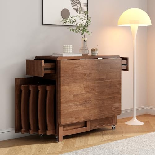 Hearthform Space Saving Folding Dining Table with Wheels No Assembly Required Solid Wood Extending Kitchen & Dining Table in Walnut Rolls Away for Storage（130CM）（Without Chairs）