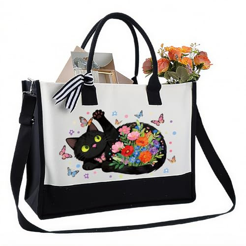 PRESSINART Bolso de Tela Floral de Gato con Mariposa Y Cremallera Y Reutilizable para Compras Trabajo Viajes Playa Supermercado Amantes de Gatos Mujeres Amigos En Cumpleaños Navida