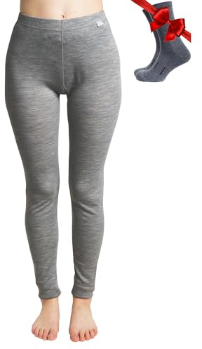 100% Merino Wool Base Layer Womens Leggings, Thermal Underwear + Wool Socks (Small, Gray Heather 250)