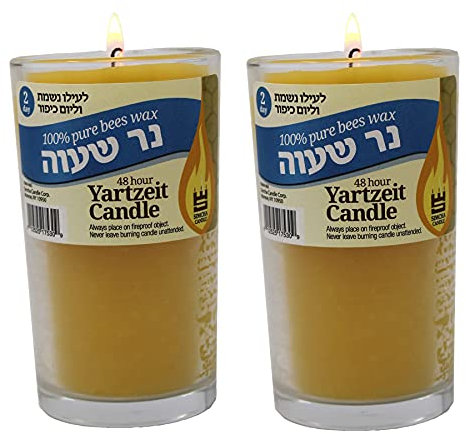 2 Day 100% Pure Beeswax Memorial Candle Burning Time 48 Hour Jewish Yahrtzeit Ner Neshama Yom Kippur in Glass Tumbler Holder [2 Pack] Kosher yizkor Candles