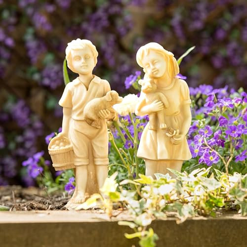 Garden Mile Set of Kids Statues Garden Ornaments Outdoor Durable Stone Effect Outdoor Decor Garden Statue Resin Ornaments with Bear & Dog Birthday Wedding Gifts for Men Women