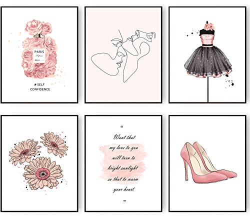 Stampe artistiche da parete alla moda minimaliste decorazione da parete rosa e nero, con tacco alto, motivo margherita, fiori profumati, linea di elementi (27,9 x 35,6 cm senza cornice)