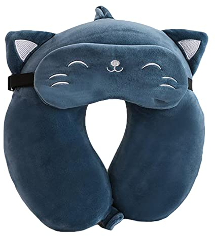 EXQULEG PP-Baumwolle Cartoon U-Shaped Reisekissen Nackenkissen Reisekissen Kinder Reisekissen Ideal für Reise Büro und Haus (Blau Kätz)