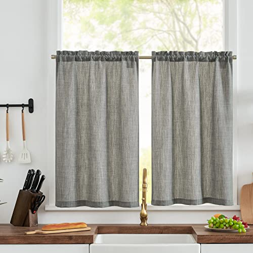 TOPICK Linen Optics Grey Kitchen Curtains 36 Inch Drop Small Cafe Curtains Light Filtering Curtain Tiers for Bathroom Sink Cupboard Rod Pocket 2 Panels