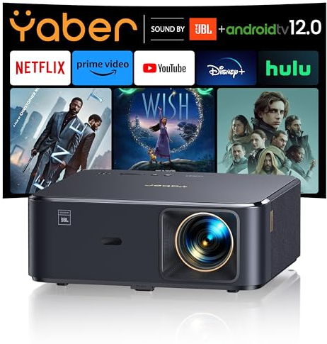 Videoprojecteur 4K avec Son JBL, Google TV 11.0, YABER Projecteur Video WiFi 6 Bluetooth 5.2, K2s Retroprojecteur Portable 20W Haut-Parleurs, Full HD 1080P, Auto Focus/Keystone