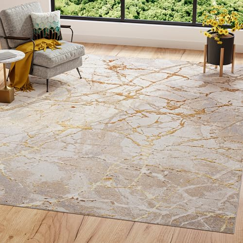 TAPISO Golden Teppich Wohnzimmer Kurzflor Schlafzimmer Luxuriös Creme Gold Abstrakt Linien Meliert Verwischt Modern Design ÖKOTEX 200 x 300 cm