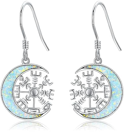 DAYLINLOVE Kompass Ohrringe 925er Sterling Silber Wikinger Kompass Opal Mondform Baumeln Tropfen Ohrringe Nordischer Vegvisir Heidnischer Schmuck Geschenke für Damen Frauen Mädchen Kompass Liebhaber