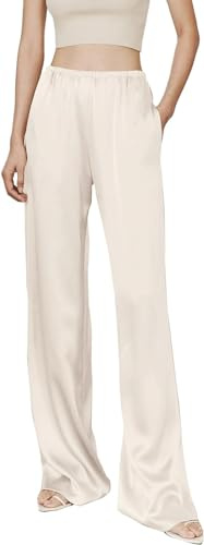 Kkaebi Pantalon en satin soyeux pour femme - Pantalon habillé à jambes larges - Taille haute élastique - Pantalon long fluide avec poches, blanc, S