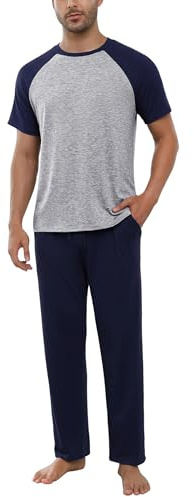 Bresdk Pyjama Homme Long Coton Ensemble Pyjama Manches Courtes | Pyjama Homme Long avec col rond et manches raglan pour nuits douces, détente quotidienne et confort à la maison