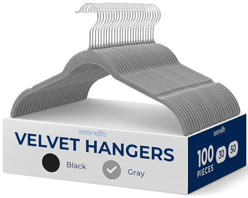 SereneLife Coat Hangers, Velvet Hangers for Clothes, 100 Pcs Non Slip Slim Space Saving Adult Hanger with 360° Swivel Hooks, For Tops, Jackets, Blouses, & Strappy Dresses - Grey