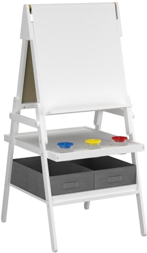 GYMAX Wooden Kids Easel, Double Sided Painting Easel with Whiteboard, Chalkboard, Paper Roll, Storage Trays, 3 Paint Cups & 2 Fabric Drawers, Children Drawing Board Stand for 3-6 Years Old (White)