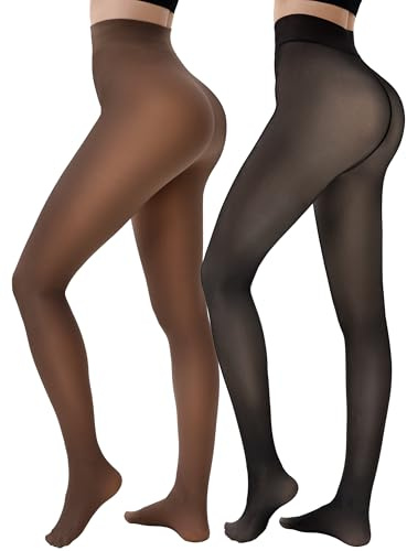 HONGTEYA 2 Pairs Fleece Lined Tights Women - Warm Sheer Pantyhose Fake Translucent Tights Winter Thermal Leggings (US, Alpha, Small, Regular, Regular, Fake Translucent Black+Coffee)
