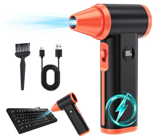 Larkeey Compressed Air Duster Rechargeable Electric Duster for PC Keyboard Cordless Car Dryer 13000RPM Air Blower Gun High Power Turbo Fan Mini Blower Jet Dry Blower for Car Home Office, Black-Orange