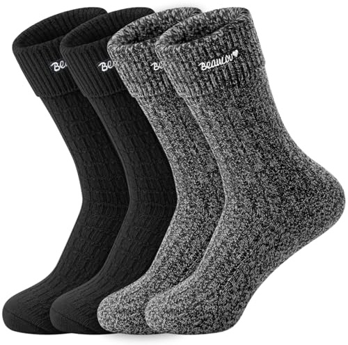 Beaulov 4 Pairs Women Merino Wool Socks Thermal Sock Super Soft Embroied Outdoor Sock Turn Over Slouchy Socks for Ladies Gift