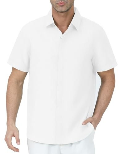 Gavliuu Chemise Homme à Manches Courtes - Boutons Cachés, 30% Linen, 70% Rayon, Semi-Transparent, Blanc Cassé,5XL