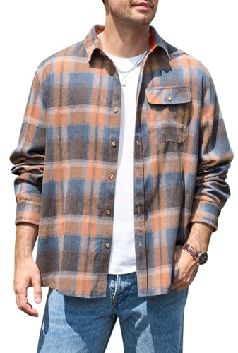 Runcati Chemise à manches longues à carreaux en flanelle boutonnée pour homme, coupe droite, décontractée, avec poche de poitrine, Orange, L