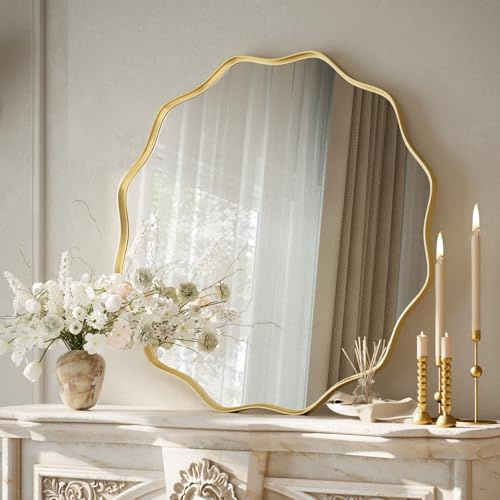 Koonmi großer runder Spiegel mit gewellter Kante, 60 cm Wandspiegel mit Strukturiertem Metallrahmen, zum Aufhängen oder Anstellen an die Wand, für Badezimmer, Eingangsbereich, Wohnzimmer, Gold