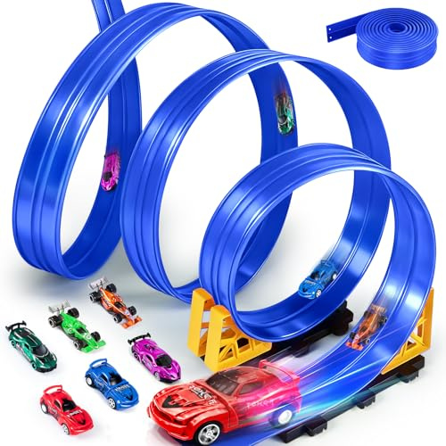 LumenVela Piste de Voiture, 5M Piste de Course Portable avec 6 Petites Voitures 1 Sac de Rangement 4 Rampe 4 Ventouse Circuit Voiture Flexible pour Enfant Jouet 3 4 5 6 Ans (Bleu)