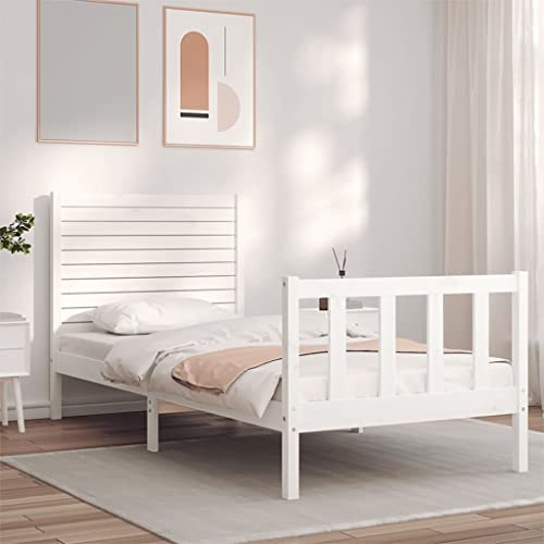 Frdhee Cama Boxspring, cama de madera maciza con cabecero blanco, cama tapizada para colchón, dormitorio, fácil montaje