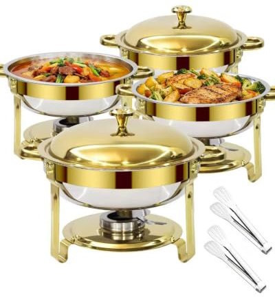 SXNIWBAI Calentador de comida para buffet, Chafing Dish 6L Acero Inoxidable | Juego de 4 Unidades, Calentador de Alimentos Buffet para Fiestas, Bodas, Banquetes y Eventos de Catering, Dorado y Plateado