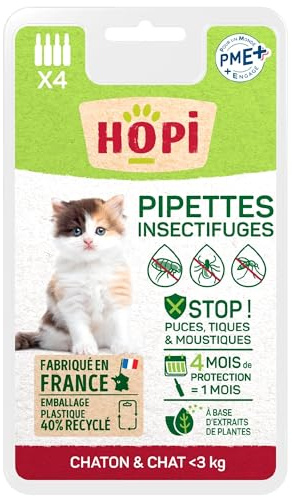 HOPI Pipettes Anti Puces Chat et Chaton Moins de 3 kg - 4 Mois de Protection Contre Les Puces, Les Tiques et Les Moustiques - Active dès Application - Extraits de Plantes - Fabriqué en France