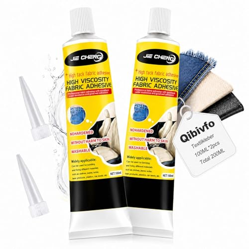 2 × 100 ml textillim maskintvättbart, transparent tyglim, permanent lim för tyger, extra stark för bomull, denim, flanell, polyester, läder och jeans