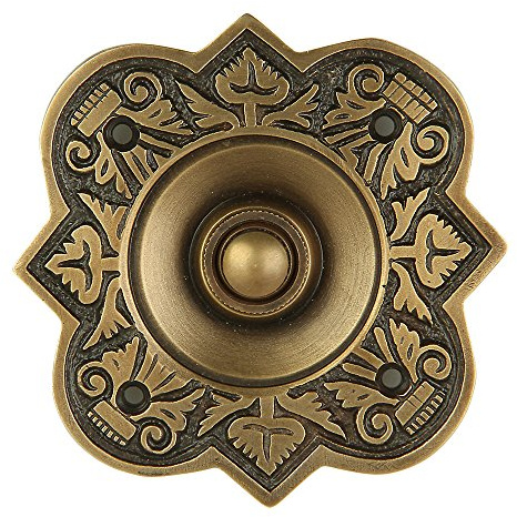 A29 Antique Brass Doorbell Button – 3 3/4 x 3 3/4 – Durable Finish in Brass with Recess Mount – Vintage Design, Wired for Two-Wire Chimes, Outdoor Use, Easy DIY Mounting with Screws
