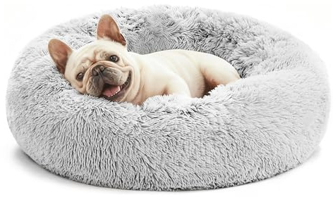 Love's cabin Calming Cat Bed for Indoor Cats, Anti-Anxiety Donut Round Dog Bed, Fluffy Faux Fur Washable Pet Bed for Small Medium Dogs and Cats,Grey,20in