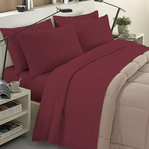 Banzaii Completo Lenzuola Invernale Felpate in Flanella Anti-Pilling 100% Cotone, adatto anche ai materassi più alti, 4 pezzi, Matrimoniale Maxi Bordeaux