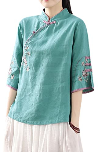 Chemisier à manches 3/4 pour femme Motif floral brodé chinois, bleu, Taille XL