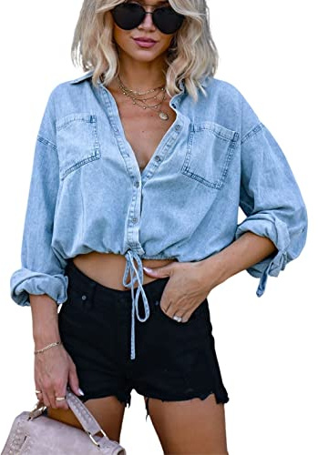 Kwoki Women's Cropped Denim Shirt Roll Up 3/4 Sleeve Casual Loose Crop Tops Drawstring Hem Button Front Jean Jacket(0797-Light Blue-XL)